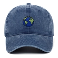 Vintage navy blue washed cotton baseball cap with earth embroidery and curved brim - Adjustable / Earth Embroidery / Navy Blue