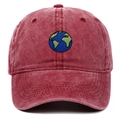 Close-up of earth embroidery on vintage washed burgundy cotton baseball cap with stitching - Adjustable / Earth Embroidery / Burgundy