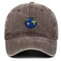 Close-up of embroidered earth logo on washed dark brown baseball cap with stitching detail - Adjustable / Earth Embroidery / Coffee
