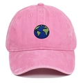 Close-up of pink washed cotton baseball cap featuring Earth embroidery and breathable eyelets - Adjustable / Earth Embroidery / Pink