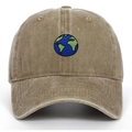 Detailed view of globe embroidery on khaki washed cotton baseball cap with curved brim - Adjustable / Earth Embroidery / Khaki
