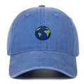 Close-up of earth embroidery on light blue washed cotton baseball cap with fine stitching - Adjustable / Earth Embroidery / Light Blue