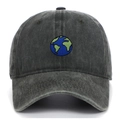 Close-up of earth embroidery on washed dark grey vintage cotton baseball cap - Adjustable / Earth Embroidery / Gray