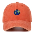 Close-up of earth embroidery on washed orange cotton canvas baseball cap surface - Adjustable / Earth Embroidery / Orange