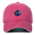 Close-up of earth embroidery on rose pink washed cotton baseball cap with vintage texture - Adjustable / Earth Embroidery / Rose Red