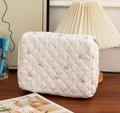 Quilted floral cotton makeup bag in cream white with vintage pink and blue patterns - M
