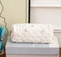Floral quilted cotton makeup bag with red and orange flower patterns and zipper - Pencil Case