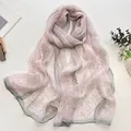 Long summer sun protection silk scarf featuring a pink floral print and gray hem border - Linear Flower Pink