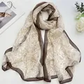 Elegant long silk scarf with vintage floral patterns and dark brown wide borders - Linear Flower Beige