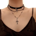 Three-layer gothic necklace set with black leather choker and silver cross pendant - Gun Black Cross Style (DX0314)