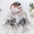 Long white silk scarf with lotus ink painting and lightweight breathable texture - Sunlit Lotus Grey
