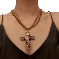 Three-layer brown beaded necklace with a vintage silver cross pendant and enamel detail - Cross Layered Style (X4781)