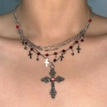 Gothic multilayer silver necklace with cross pendants and a large central red gemstone - Tassel Cross Style (DX0322)