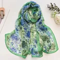 Green and royal blue floral lotus pattern long silk chiffon scarf beach wrap - Pincushion Flower Green