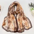 Long summer silk scarf in vintage yellow brown floral print for beach sun protection - Pincushion Flower Coffee