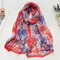 Lightweight sheer long scarf with red and blue lotus print on white background - Pincushion Flower Red