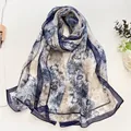 Long summer silk scarf with blue floral pattern for beach sun protection - Pincushion Flower Navy