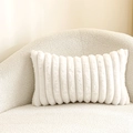 White faux fur rectangular pillow cover with vertical pleated stripes on a beige sofa - White Striped Bunny Plush Pillowcase (Cover Only)