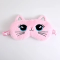 Roze pluche slaapmasker met geborduurde kattenoogjes, blauwe ogen en satijnen band - Kat Roze