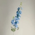 Single light blue artificial delphinium flower stem with lifelike petals and green leaves - Blue