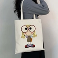 White canvas tote bag with cartoon girl print and long handles for shoulder use - Big Eyes Cartoon Girl Print Style(17)