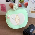 Cute apple-shaped plush cosmetic bag in mint green with embroidery and button details - Button Green Pattern