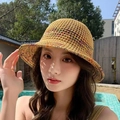 Handmade crochet straw bucket hat with colorful blend yarn and breathable mesh texture - Rainbow Bucket Hat Khaki