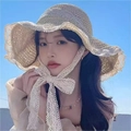 Beige knitted sun hat with wide wavy brim and delicate lace ribbon for sun protection - Lace Edge - Beige