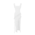 Elegantes weißes ärmelloses figurbetontes Maxikleid mit Rüschen und hohem Schlitz - XS / Weiß