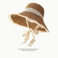 Dark straw sun hat featuring elegant white lace edges and a stylish lace bow tie - Lace Edge - Khaki