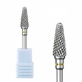 Cross-cut cone alloy nail drill bit with yellow ring and white plastic holder base - Professional Nail Drill Bit (HK-05)
