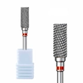 Silver alloy nail drill bit with cross-cut texture and red ring on a white base - Professional Nail Drill Bit (HK-07)