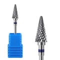Cross-cut carbide nail drill bit with blue ring marker on a square plastic stand - Professional Nail Drill Bit (HK-34)