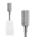 Silver cross-cut cylindrical nail drill bit with a white plastic storage base - Professional Nail Drill Bit (HK-43)