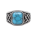 Vintage steel ring featuring a rectangular turquoise stone and Celtic knot side carvings - Steel Blue Turquoise