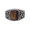 Vintage stainless steel ring with rectangular tiger eye stone and Celtic knots - Steel Tiger Eye