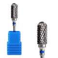 Blue-ringed cylindrical alloy nail drill bit with cross-cut teeth and storage base - Professional Nail Drill Bit (HK-54)