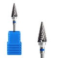 Conical alloy nail drill bit with cross-cut texture and blue ring on a plastic base - Professional Nail Drill Bit (HK-57)