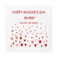 Mini square Mother's Day card with red and pink hearts design and Best Mummy text - Heart with Text Above
