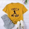 Women's yellow crew neck t-shirt with That's My Boy baseball print and casual jeans - S / Mustard Yellow (Black Font)