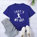 Navy blue That's My Boy baseball t-shirt in size XXL with casual outfit on wood background - S / Vintage Blue (White Font)