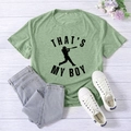 Grass green That's My Boy baseball t-shirt in a flat lay with denim jeans and shoes - S / Olive Green (Black Font)