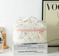 Quilted white cosmetic bag with pink bow pattern and top handle for portable storage - Large Handbag (White Background Pink Bow)