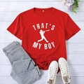 Red cotton T-shirt featuring That's My Boy baseball print with casual denim jeans - S / Red (White Font)