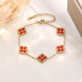 Detail of 18K gold plated clover bracelet with red enamel and S-Steel hallmark - Red Clover Five-Flower Bracelet (833)