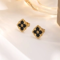 Detail of 18K gold-plated clover earrings with black enamel and baroque engraved edges - Black Vintage Hollow Stud Earrings (839)