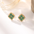 Macro shot of 18K gold plated clover earrings with malachite inlay and vintage detail - Green Baroque Carved Clover Stud Earrings (8312)
