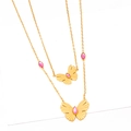 Doppellagige Goldhalskette mit Schmetterlingsanhängern und rosa Edelsteinbesatz - Doppellagige Schmetterlingskette mit rosa Zirkonia