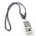 White resin Tiki totem necklace with black adjustable cord and wooden beads detail - Style C / White