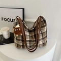 Brown and green plaid tweed tote bag with leather straps and a plush bear pendant - Brown With Brown Fur Ball Monster Charm